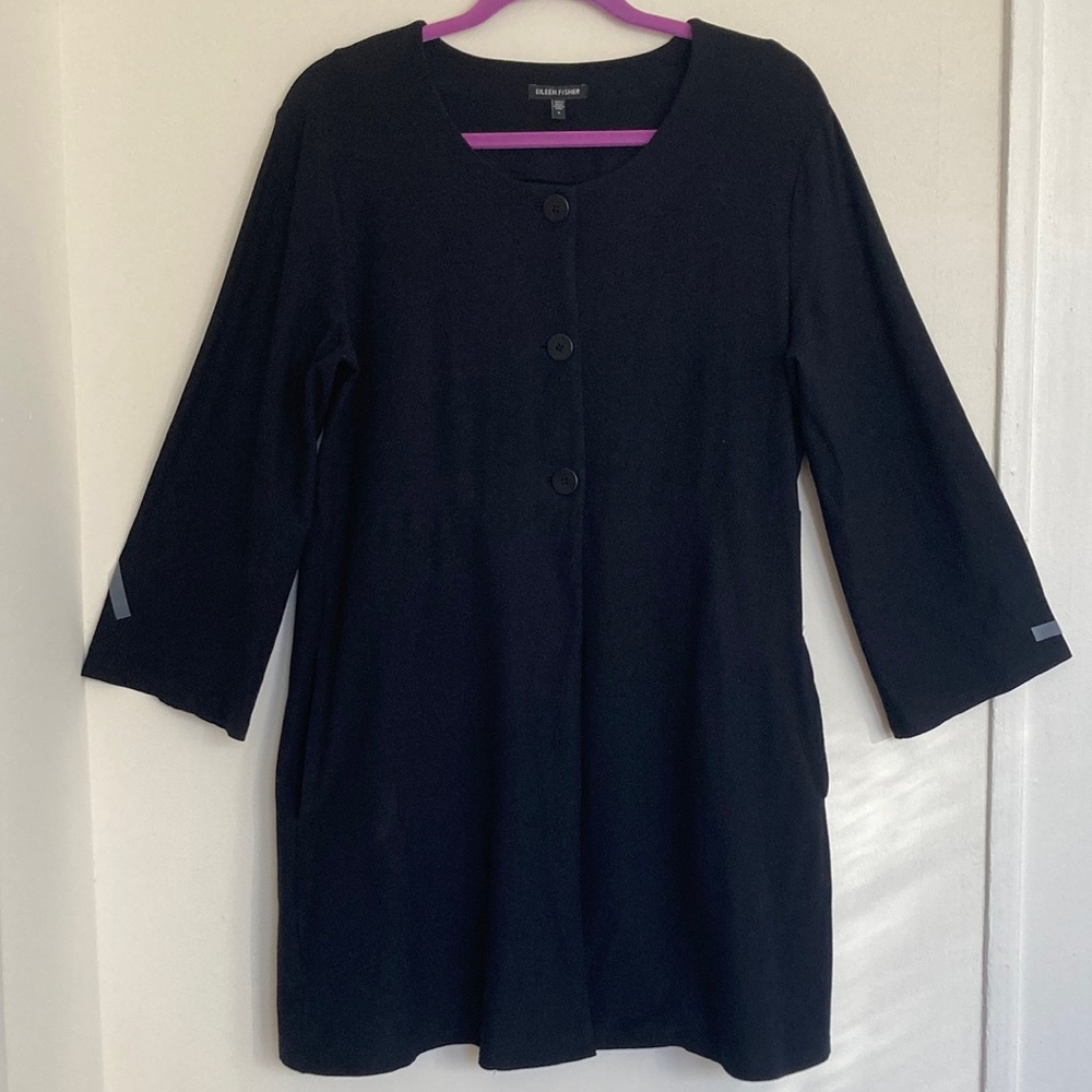 Eileen Fisher Black Stretch Knit 3-Button Cardigan Topper Jacket Coat Size S